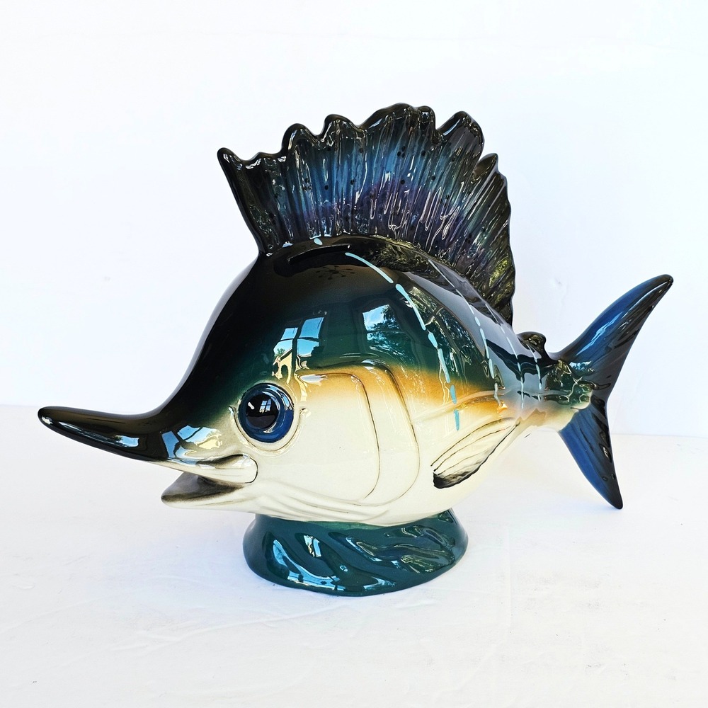 Vintage Ross Art Ceramic Sailfish Marlin Coin Bank Nautical Tropical Beach Decor